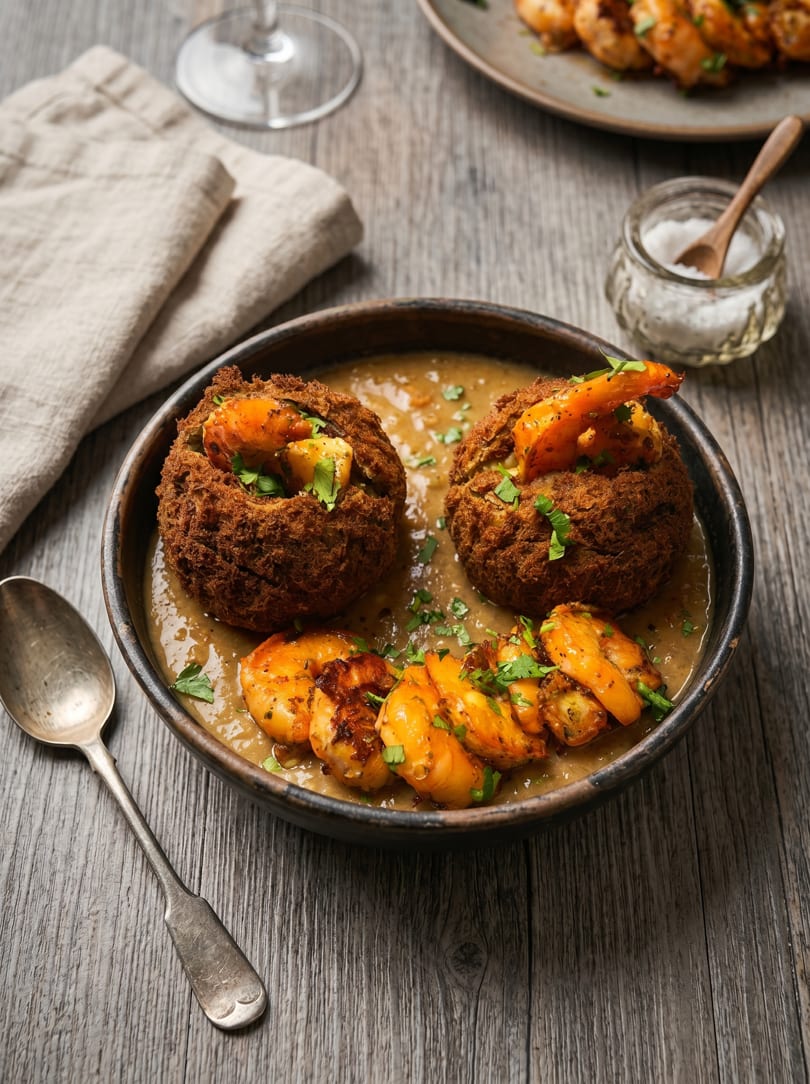 A bowl of shrimp and two bread bowls filled with shrimp and gravy, garnished with parsley.
