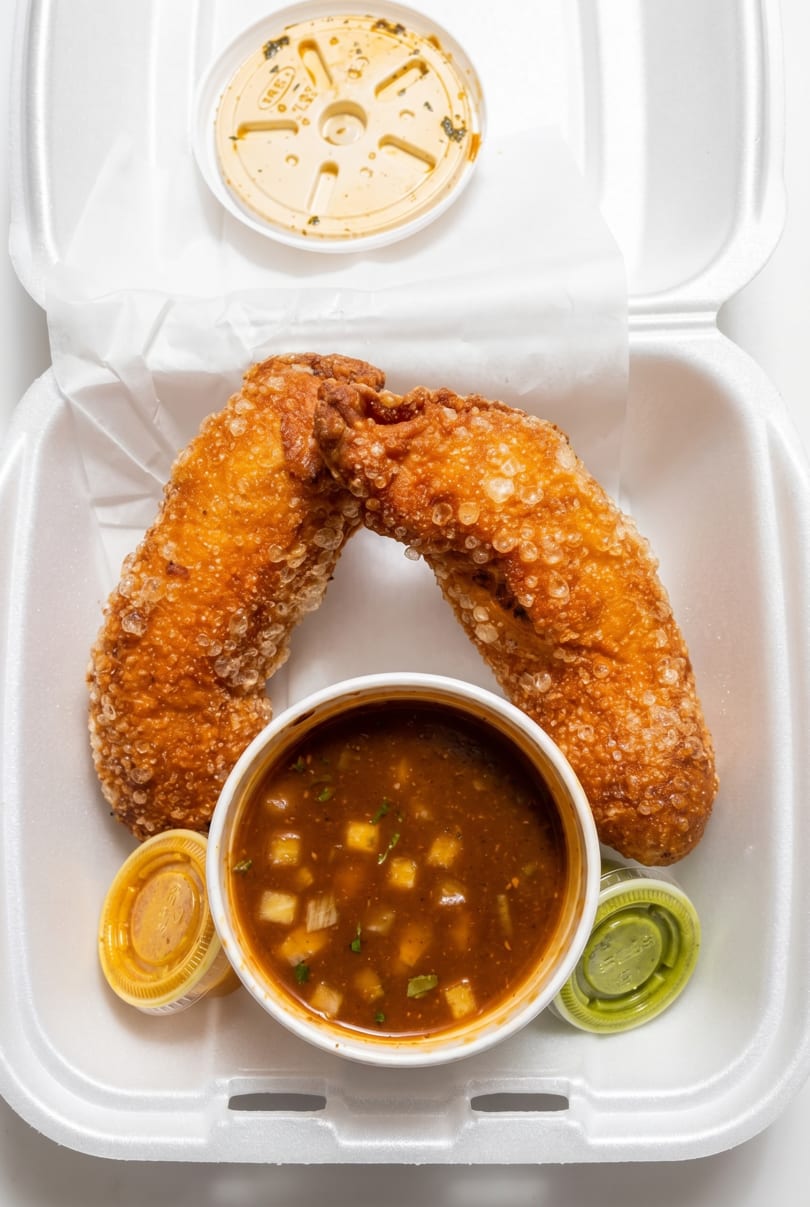 Two crispy fried chicken wings, a cup of soup, and two small sauce containers in a takeout box.