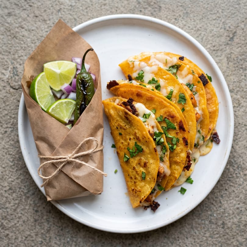 A plate of cheesy tacos with cilantro, alongside a paper-wrapped side of limes, onions, and a charred jalapeño.