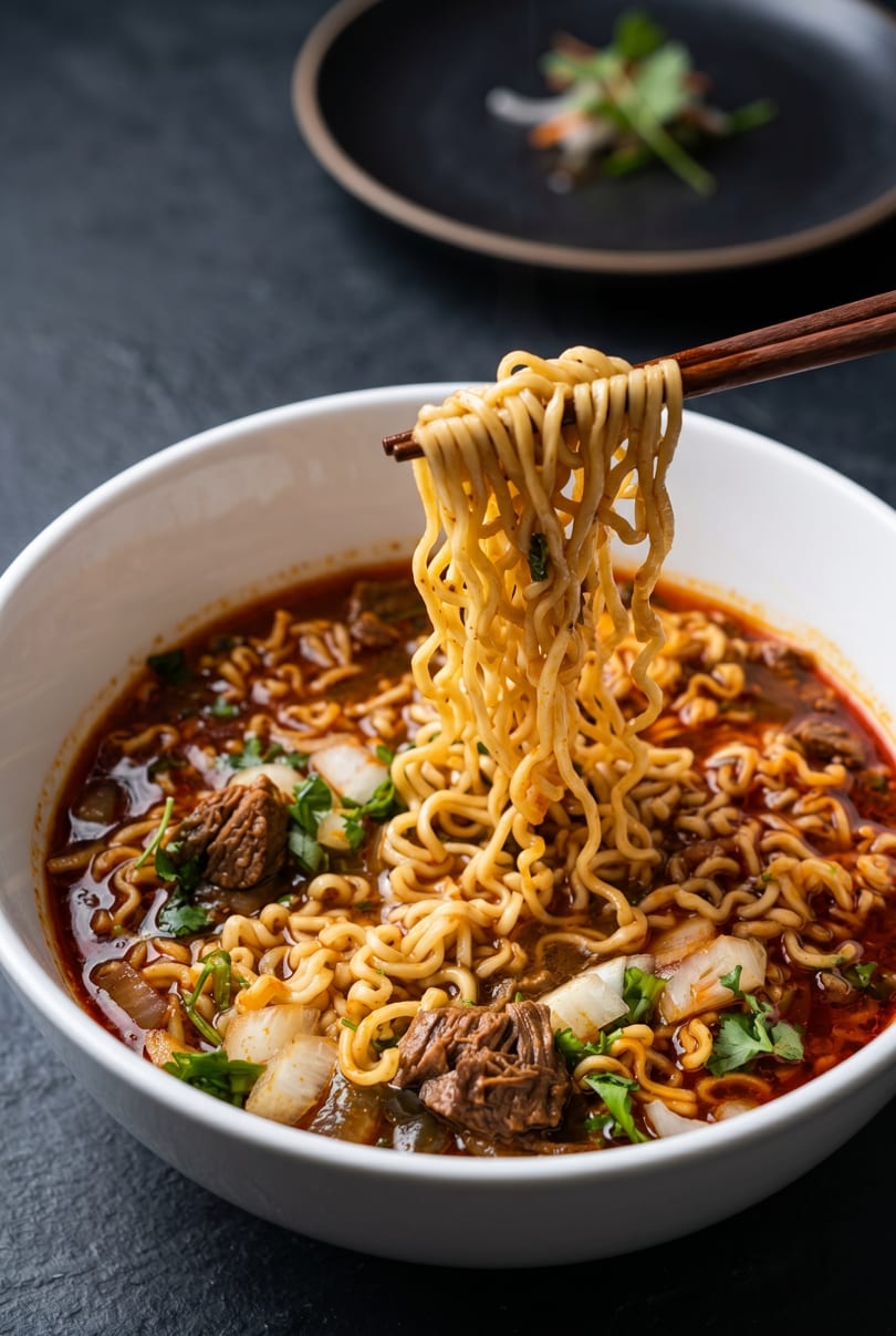 Chopsticks lifting ramen noodles from a bowl of spicy beef broth with onions and cilantro.